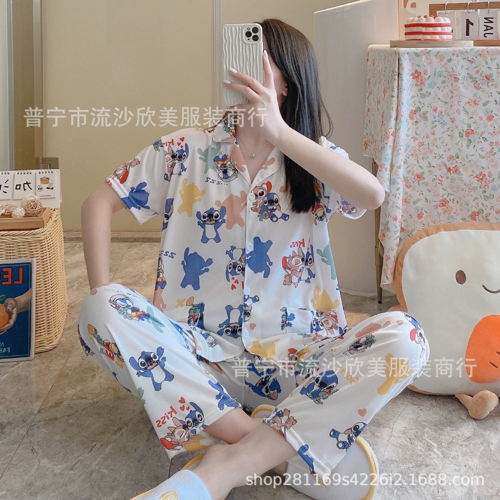 ชุดนอน เสื้อแขนสั้น + กางเกงขายาว คอตต้อนผสมการ์ตูน ผ้านิ่มมาก กระดุมหน้าคอปก ฟรีไซซ์ free size Pajamas【LittleStar6】