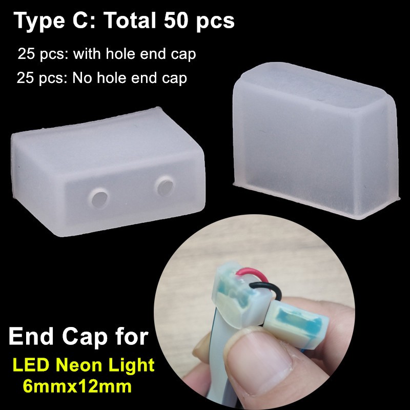ฝาครอบปลายสายไฟนีออน LED 6 มม. X 12 มม. 50 ชิ้น