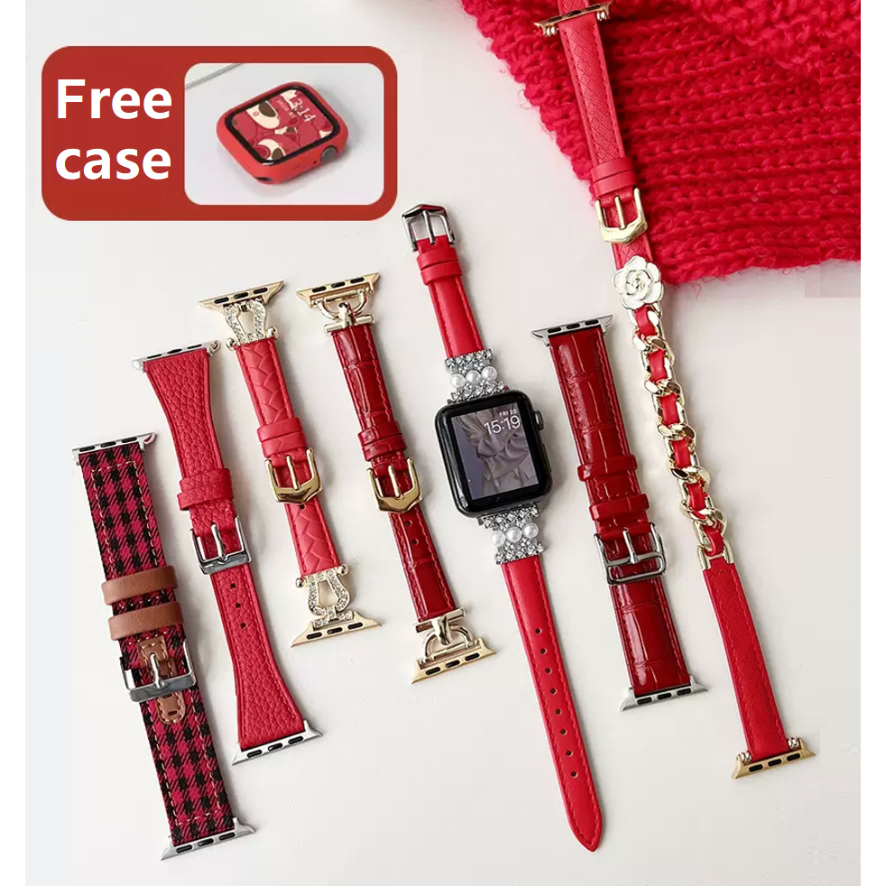 เคสฟรี Free Case! New Year Red Strap Case สายนาฬิกาข้อมือ สีแดง แบบเปลี่ยน สําหรับ AP Watch Series 9 Series 8 7 6 5 4 3 2 1 se se2 Ultra 2 Strap 49 มม. 38 40 มม. 41 มม. 42 44 มม. 45 มม. เคส สาย applewatch