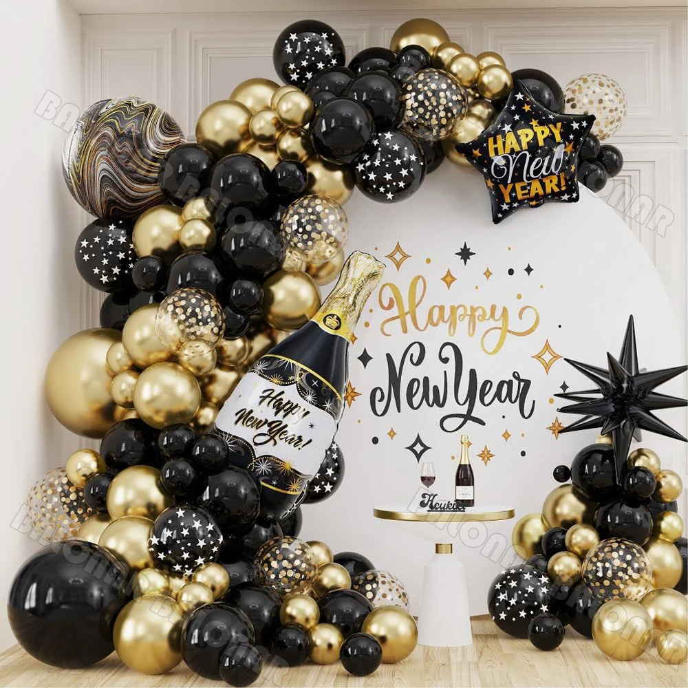 128 ชิ้นสีดําทองบอลลูน Garland Arch ชุดขนาดใหญ่ขวดฟอยล์ Confetti Latex บอลลูนสวัสดีปีใหม่ Party Decor 2026 Eve Party
