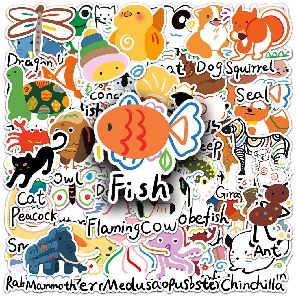 50ชิ้นตลกมือวาดการ์ตูนสัตว์สติกเกอร์กันน้ําสําหรับโทรศัพท์แล็ปท็อปสเก็ตบอร์ดสร้างสรรค์สติกเกอร์กราฟฟิตีรถมอเตอร์สติกเกอ