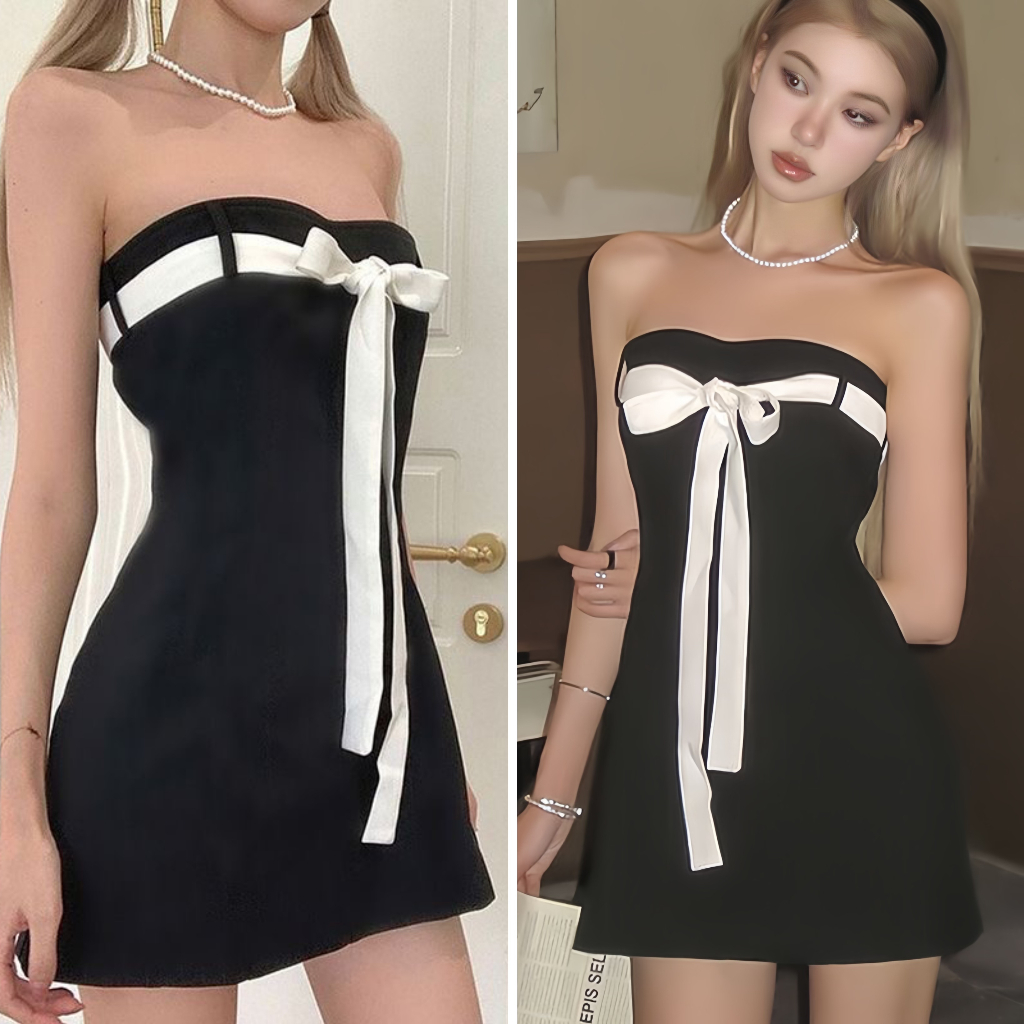 Hotgirl พร้อมส่งจากกทม เดรสดำ ชุดเดรสเปิดไหล่แฟชั่นเซ็กซี่สไตล์ฝรั่งเศส ดีไซน์ผูกโบว์ที่หน้าอก