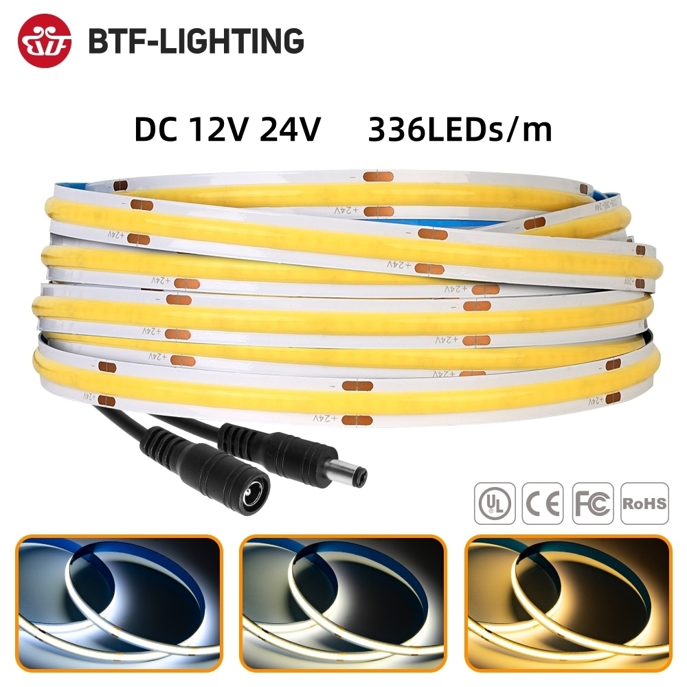 BTF-LIGHTING แสงสีขาว 336LEDs/m แถบไฟ COB LED 3000K/4000K/6000K แถบแสงยืดหยุ่นความหนาแน่นสูง 12V 24V