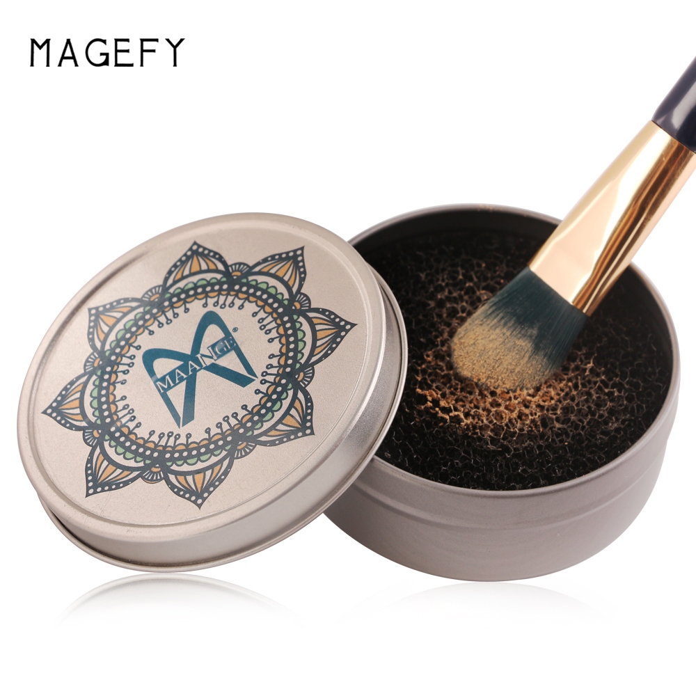 Magefy กล่องโลหะทําความสะอาดแปรงแต่งหน้า พร้อมฝาครอบกันฝุ่น