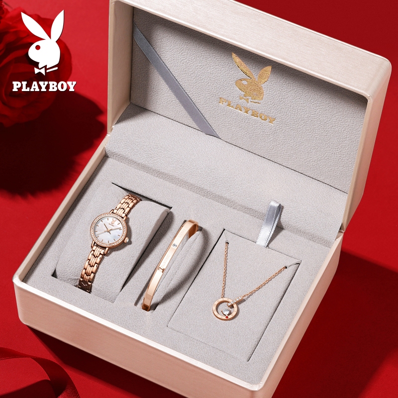 PLAYBOY นาฬิกาข้อมือผู้หญิง กันน้ำ 100% สแตนเลส แท้ นำเข้า ควอตซ์ หรูหรา พลอยเทียม นาฬิกาแฟชั่น นาฬิกาผู้หญิง 2048