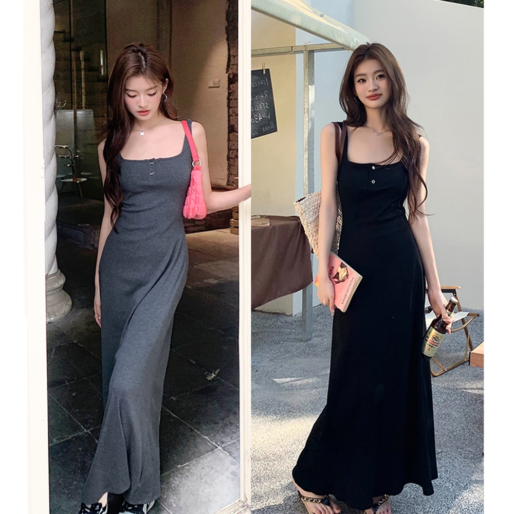 Bella กระโปรงยาว ผู้หญิงอารมณ์อ่อนโยนสีขาวแขนกุดชุดดํา แฟชั่นสไตล์เกาหลีสีเทา