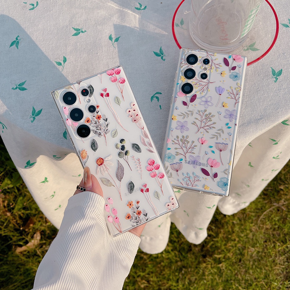 สวยงาม ดอกไม้สีน้ำ ซองโทรศัพท์ Samsung Galaxy S24 Ultra S24 Plus S23 Ultra S23 Plus S23FE S22 Ultra S22 Plus S21Ultra S21+ S21FE S20FE Note10Plus Note20Ultra A14 A23 A34 A32 A53 A54 A73 5G Case เคสโทรศัพท์ใหม่ ความโปร่งใส TPU ป้องกันการตก เคสมือถือซัมซุง