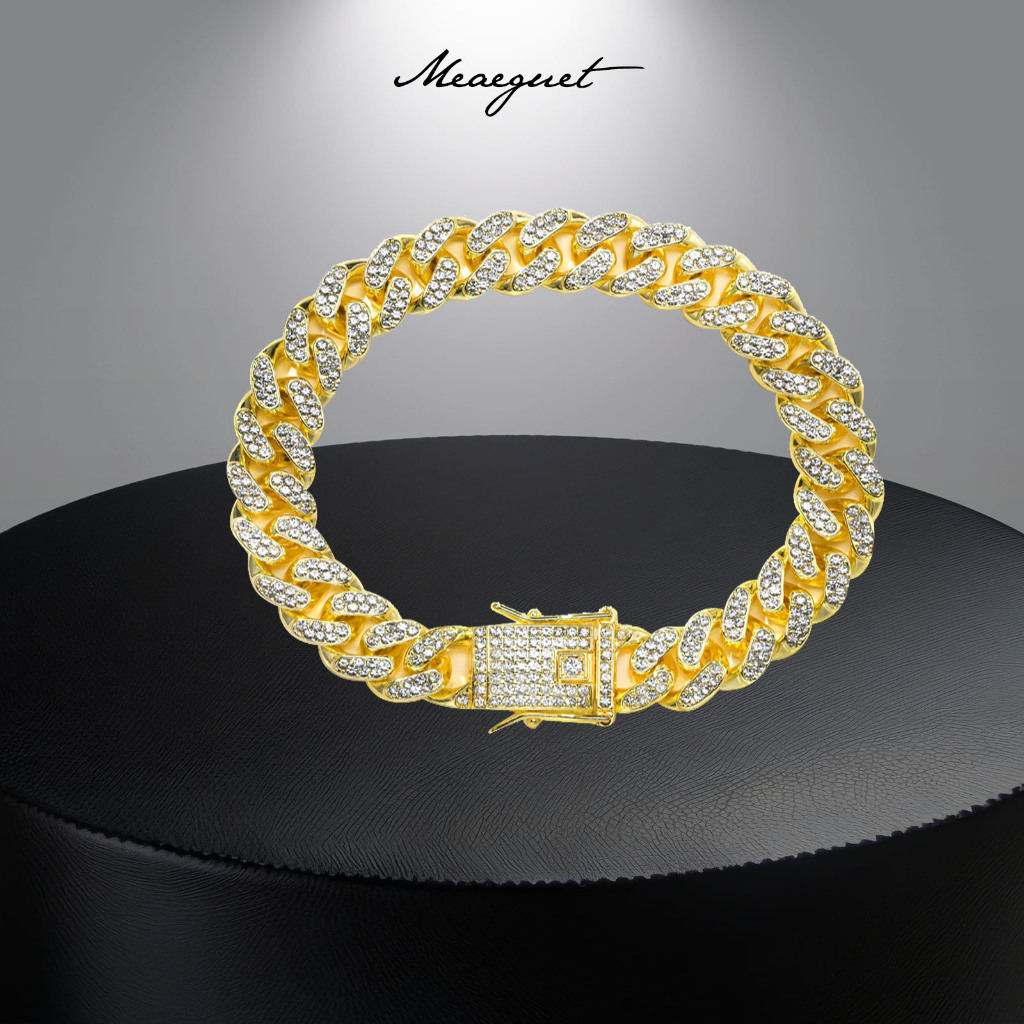 Meaeguet 12 มม. สร้อยข้อมือทอง สําหรับผู้ชาย โลหะผสม สร้อยข้อมือเชื่อมโยงคิวบา ฮิปฮอป เพชร สร้อยข้อมือพังก์ เครื่องประดับ