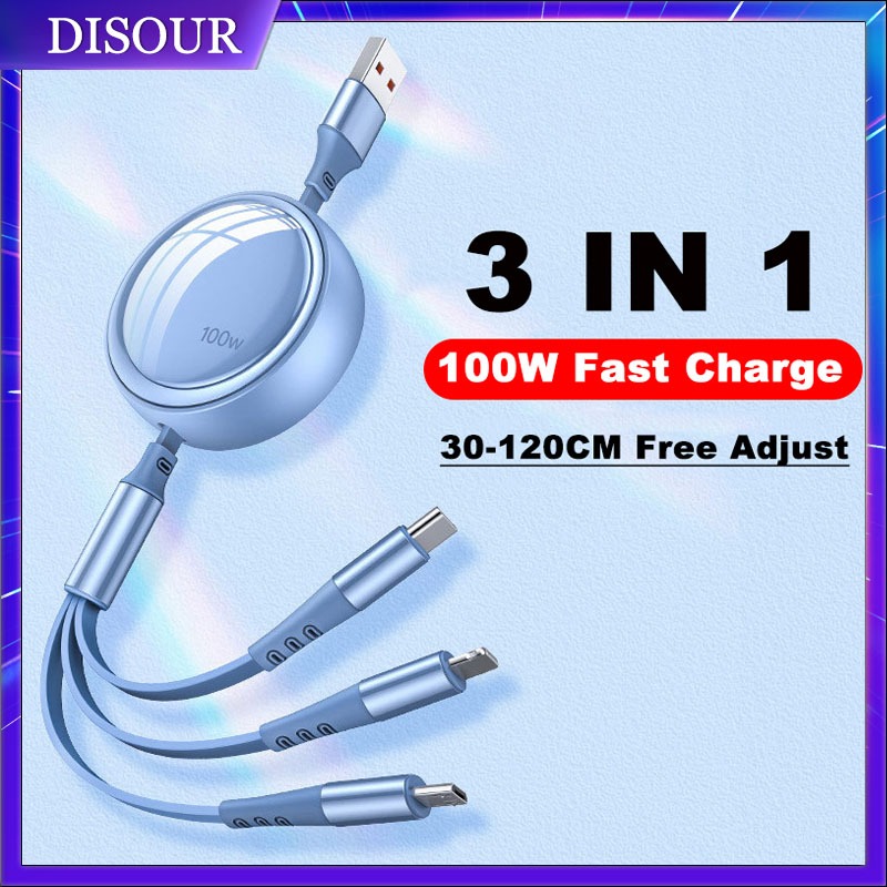 Disour สายชาร์จเร็ว 100W 3 In 1 6A ปรับได้ แบบพกพา สําหรับ Type-C Micro IOS 30-120 ซม.