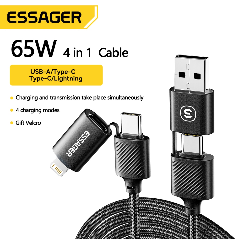 Essager 4 In 1 65W USB Type C สายชาร์จเร็ว USB C เป็นสายไฟส่งสัญญาณ
