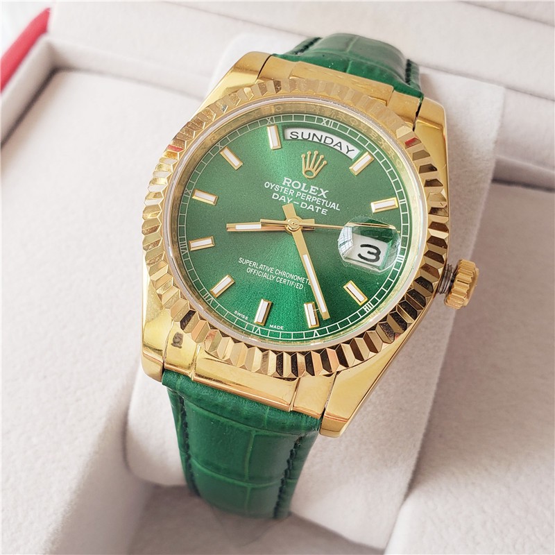 แหวนทันตกรรม หน้าปัดสีเขียว สีทอง ปฏิทินคู่ นาฬิกากลไกอัตโนมัติ นาฬิกาหนังแท้ 36 มม.