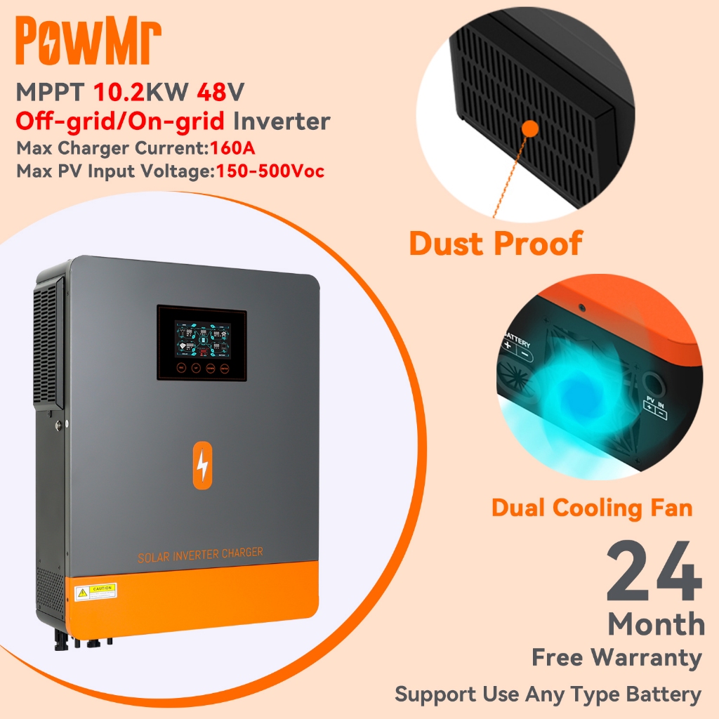 Powmr MPPT 10.2KW Pure Sine Wave Off-grid/On-grid Solar Hybridอินเวอร์เตอร์ 230Vacในตัว 160A Solar C