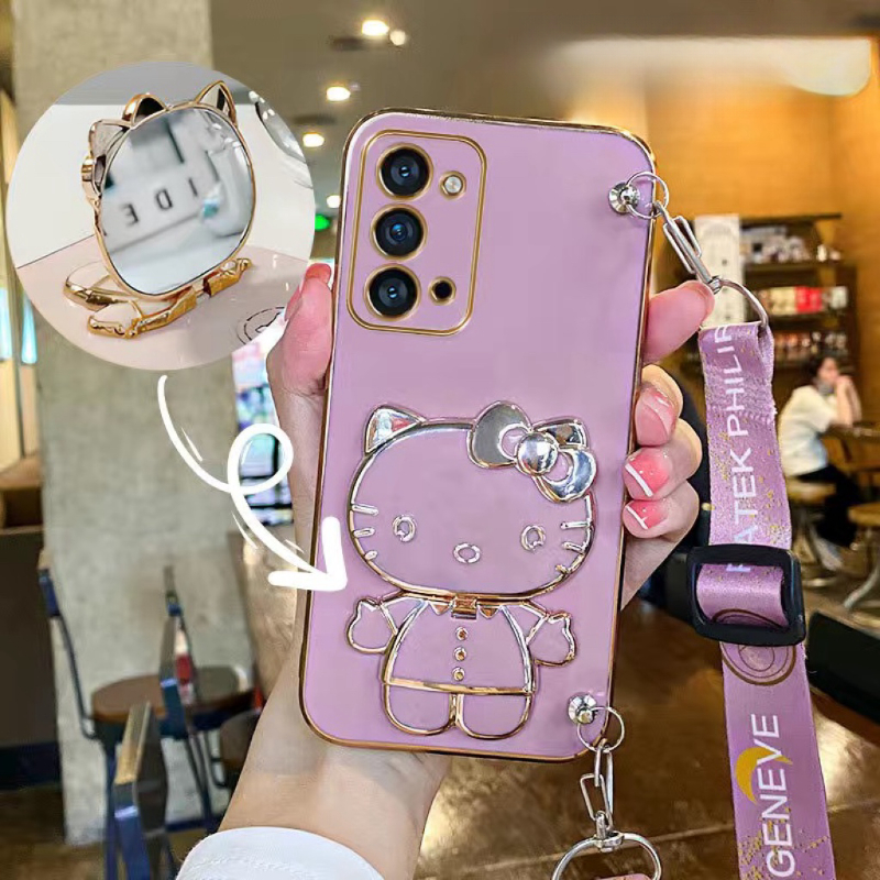 เคส Samsung A23 4G 5G A22 4G A32 4G A52 A52S A34 5G A13 5G A04S ขอบตรงชุบกระจกแต่งหน้า, สายรัดข้อมือ, กรณีโทรศัพท์