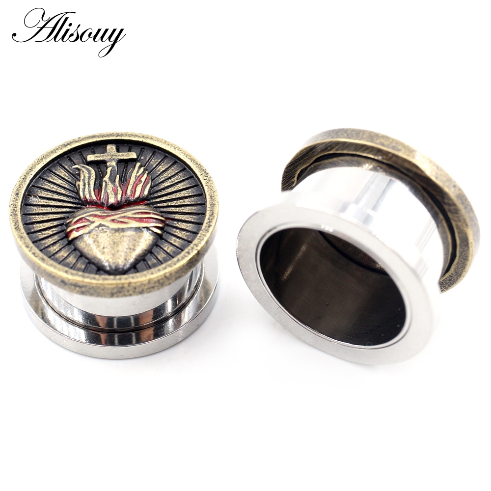 Alisouy 2 ชิ้น ย้อนยุค สเตนเลส หัวใจ ไม้กางเขน ไฟ หู อุโมงค์ ปลั๊ก ขยาย เปล ต่างหู เจาะร่างกาย เครื่องประดับ