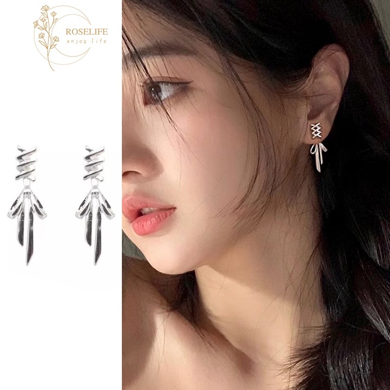 Roselife ต่างหูสตั๊ด ริบบิ้นโบว์ สีเงิน อินเทรนด์เกาหลี สําหรับผู้หญิง แพ้ง่าย งานหมั้น ปาร์ตี้ 2 ทาง สวมเครื่องประดับหู