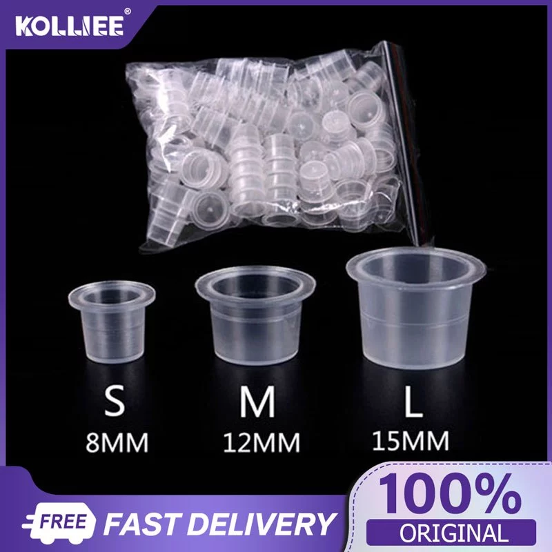 KL S/m/l ถ้วยสีสัก ถ้วยหมึกสักถาวร พลาสติกใส แบบใช้แล้วทิ้ง 100 ชิ้น