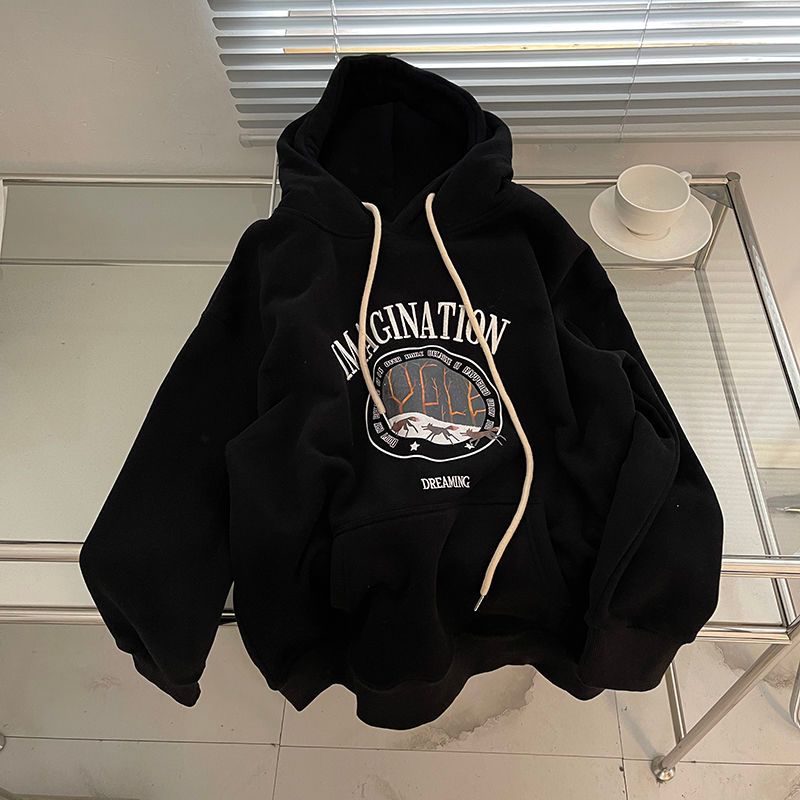 เสื้อกันหนาว มีฮู้ด พิมพ์ลายตัวอักษร ทรงหลวม ขนาดใหญ่ แฟชั่นฤดูใบไม้ร่วง ฤดูหนาว สําหรับผู้หญิง [L-4XL]