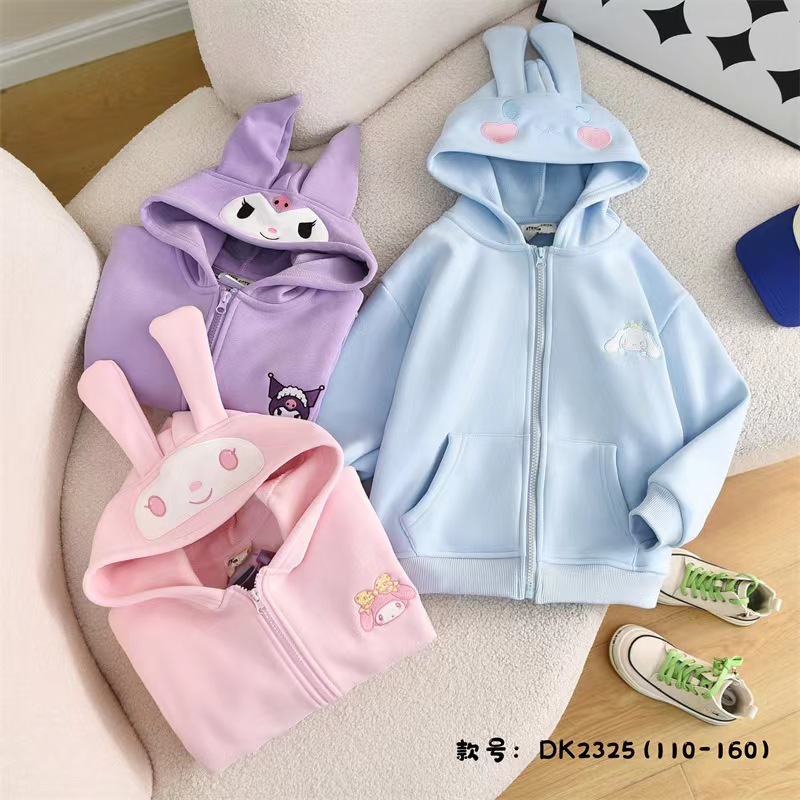 เสื้อกันหนาวลําลอง ผ้าฝ้าย มีฮู้ด แต่งซิป ลาย Kuromi Melody Cinnamon แฟชั่นฤดูใบไม้ร่วง สําหรับเด็กผู้หญิง อายุ 3-15 ปี