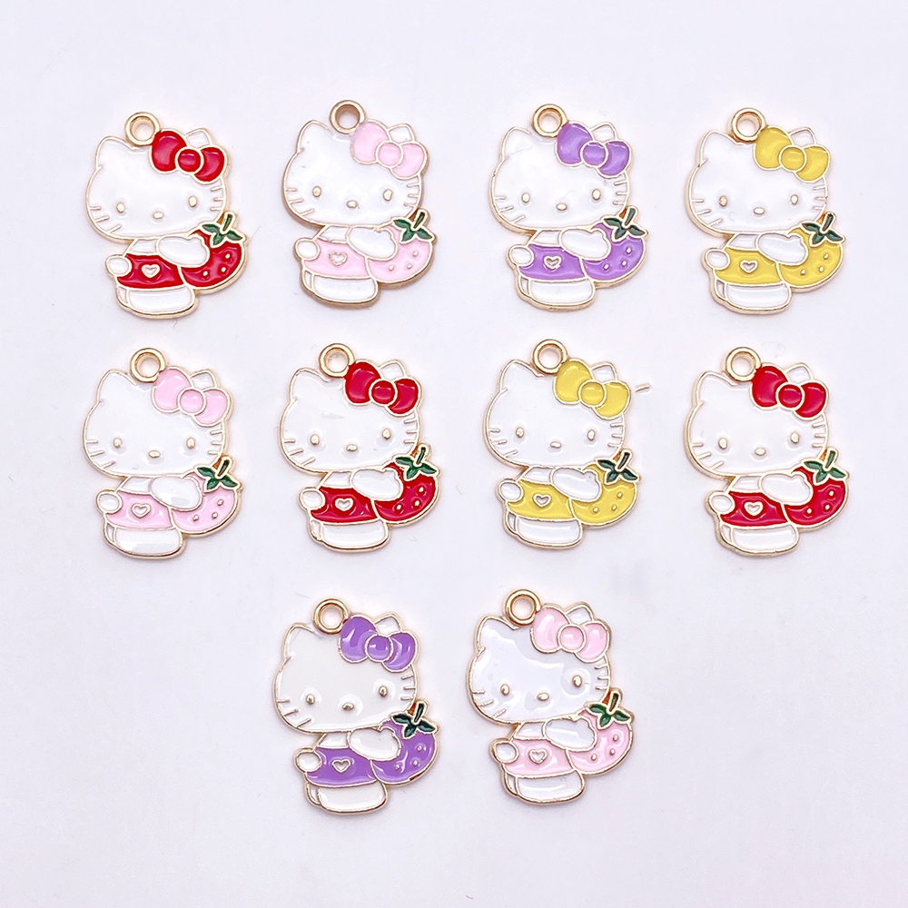 จี้สร้อยคอ สร้อยข้อมือ โลหะผสม รูปการ์ตูนแมว สตรอเบอร์รี่ แฮนด์เมด DIY 10 ชิ้น