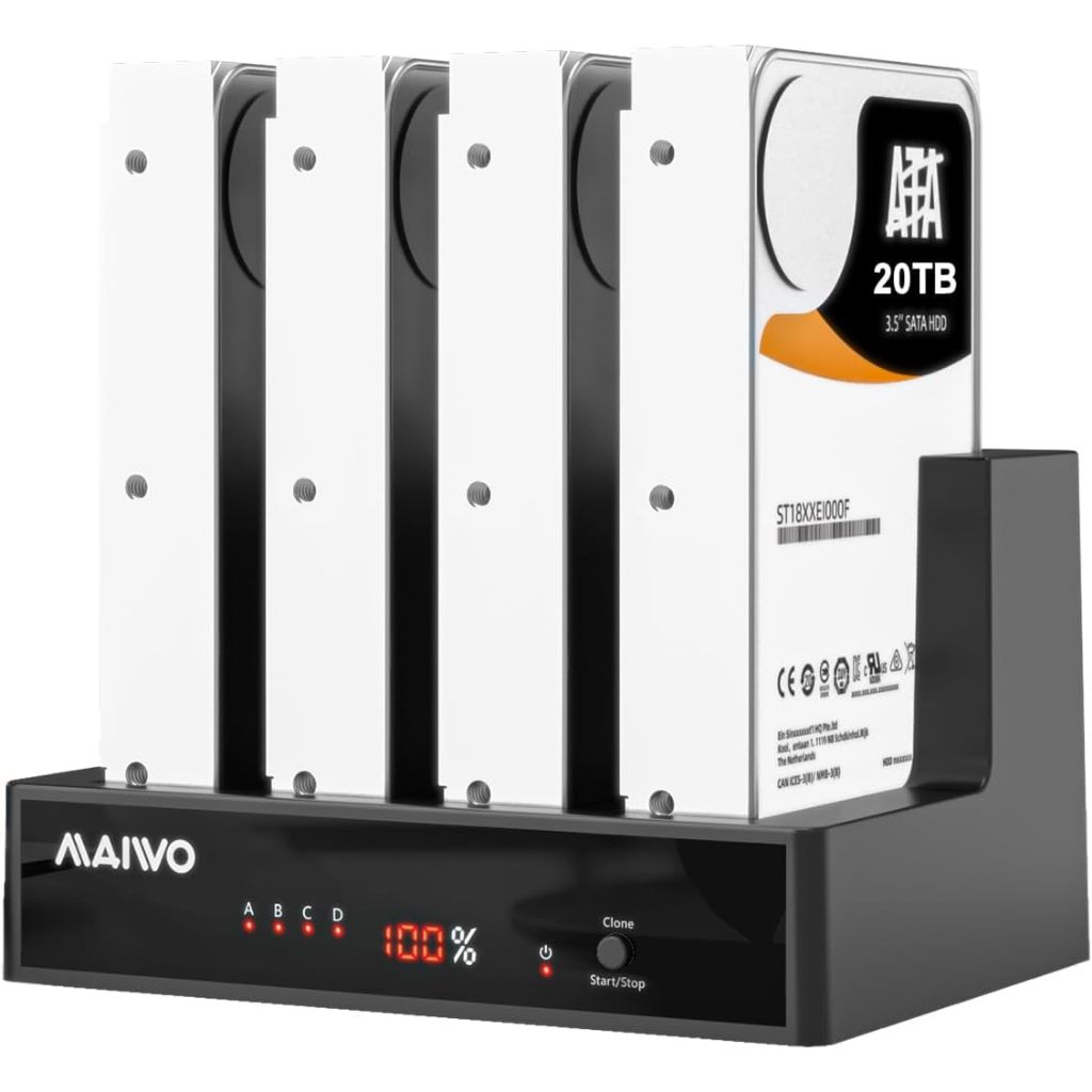 Maiwo ฮาร์ดไดรฟ์ 4 ช่อง พร้อมไฟแสดงสถานะ 80TB(4x20TB) สําหรับ SATA SSD HDD,SATA Offline Cloner/Dupli