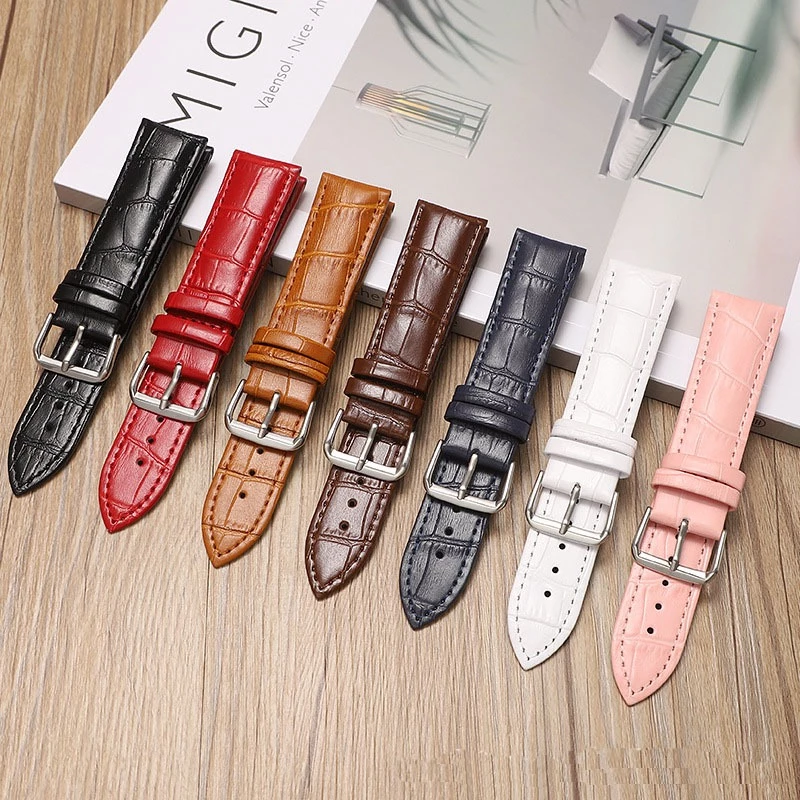 สายนาฬิกาข้อมือหนังแท้ ลายไม้ไผ่ 12-24 มม. สีดํา สีน้ําตาล สีแดง สีขาว สีชมพู
