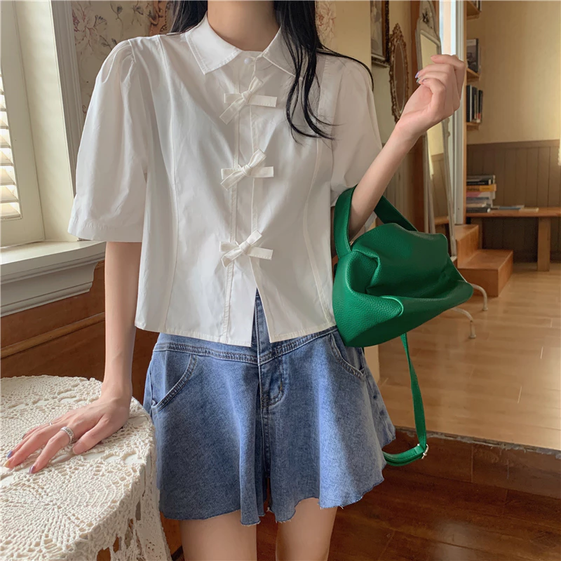 Rommers เสื้อเชิ้ต แขนสั้น สีขาว วินเทจ ผูกเชือก แขนพอง เสื้อแขนสั้น
