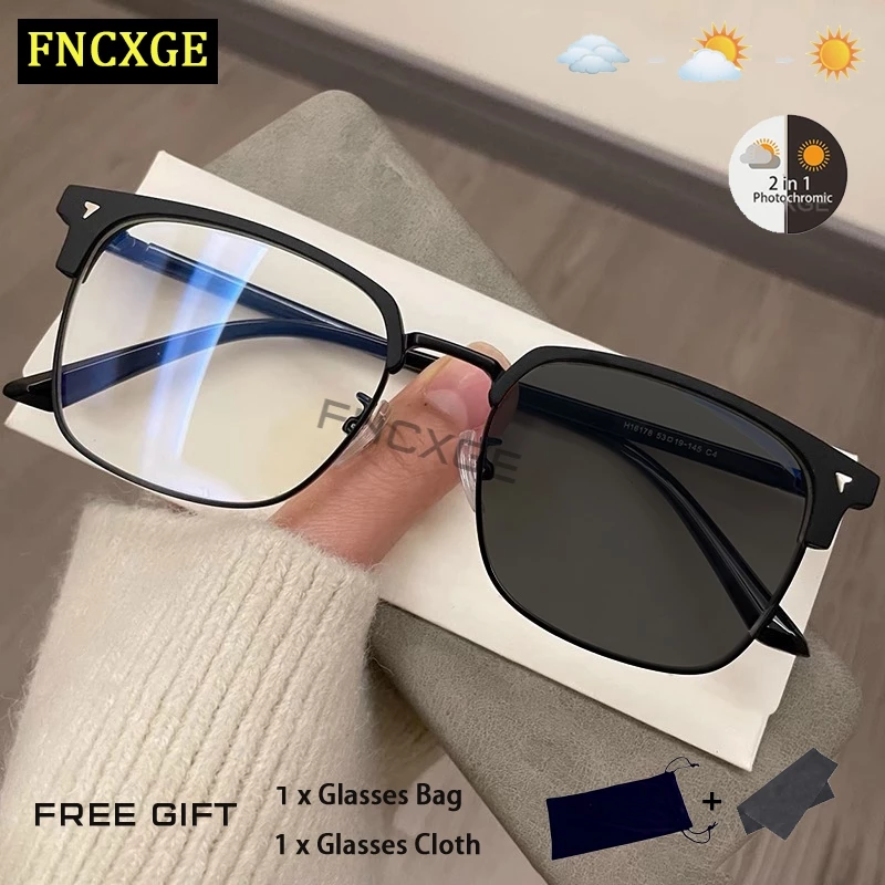 FNCXGE แว่นสายตาสั้น ยตาสั้นเลนส์ออโตเมติก ครึ่งเฟรม แว่นตาสายสั้น ป้องกันรังสี แฟชั่น สไตล์เกาหลี สไตล์วินเทจ ผู้ชาย ผู้หญิง