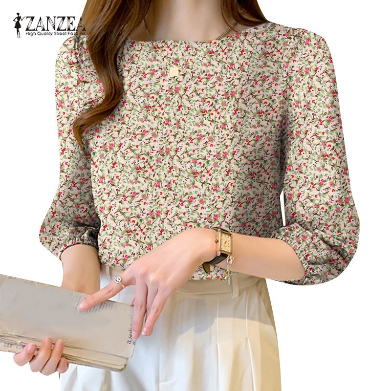 Zanzea เสื้อชีฟอง คอกลม แขน 3/4 พิมพ์ลายดอกไม้ สไตล์เกาหลี สําหรับผู้หญิง