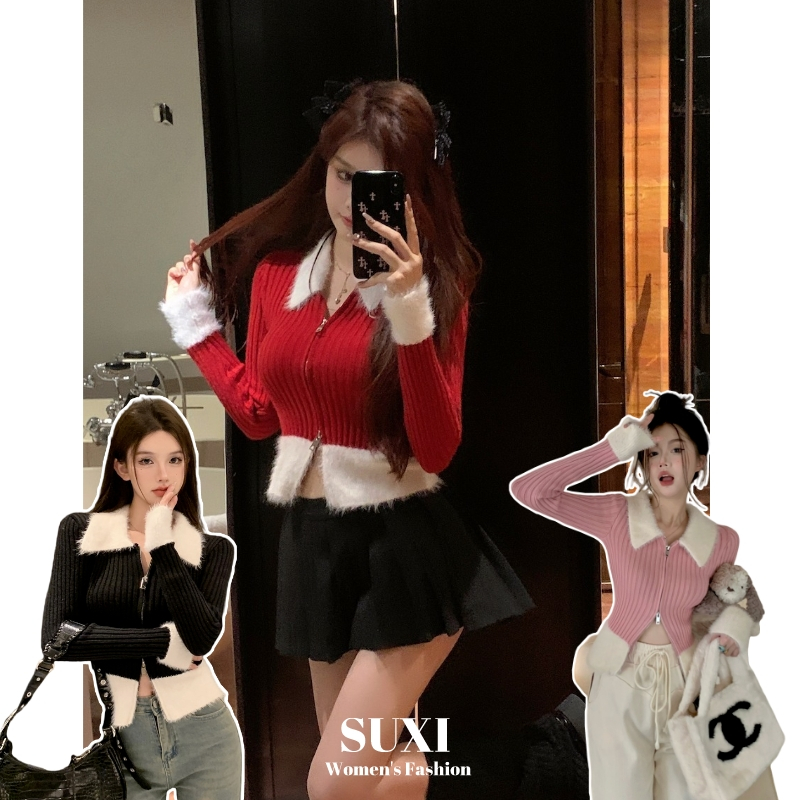 Suxi เสื้อคาร์ดิแกนแขนยาว ผ้าถัก มีซิป สไตล์วินเทจ แฟชั่นฤดูใบไม้ร่วง และฤดูหนาว สําหรับผู้หญิง