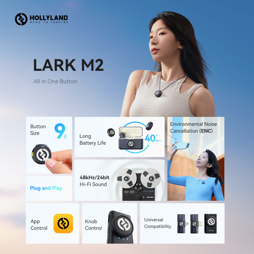 Hollyland LARK M2 ไมโครโฟนไร้สาย 24Bit น้ําหนัก 9 กรัม สําหรับโทรศัพท์มือถือ กล้อง เวอร์ชั่น Combo
