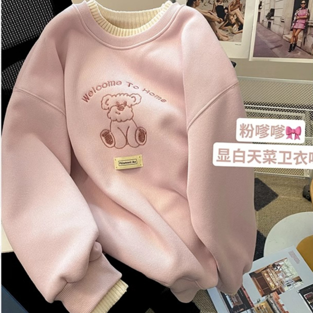 NZN ฤดูหนาวสไตล์เกาหลีปลอมสองชิ้นออกแบบกํามะหยี่แขนยาวเสื้อคอลูกเรือหมีเสื้อกันหนาว