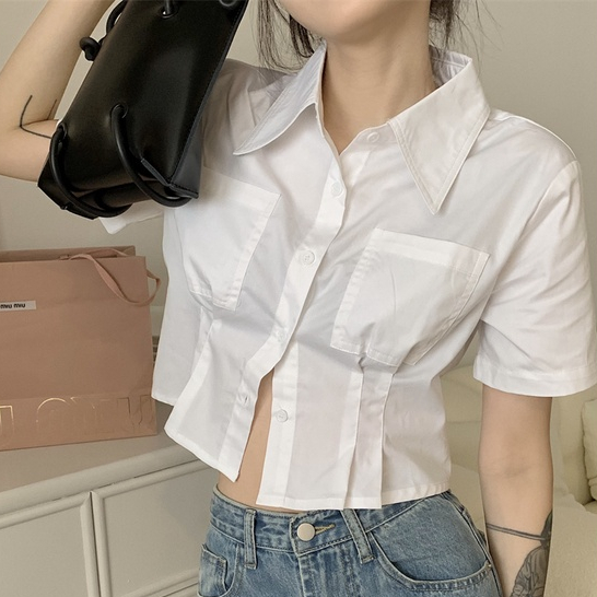 สื้อเชิ้ตแขนสั้นสีขาวสำหรับผู้หญิง แฟชั่นเสื้อเชิ้เรียบง่าย
