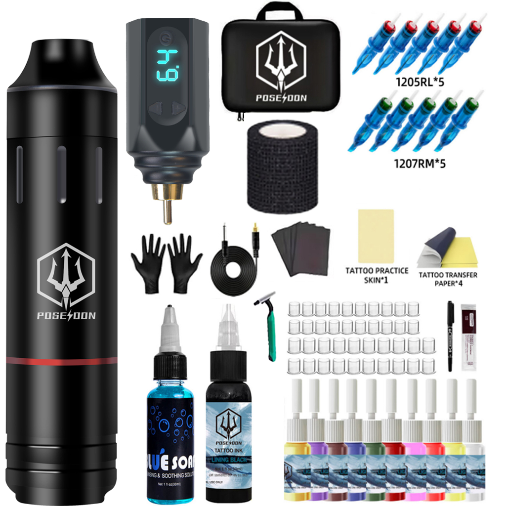 Poseidon ชุดเครื่องสัก ปากกาสักไร้สาย พร้อมเข็มสัก 10 ชิ้น สําหรับศิลปิน