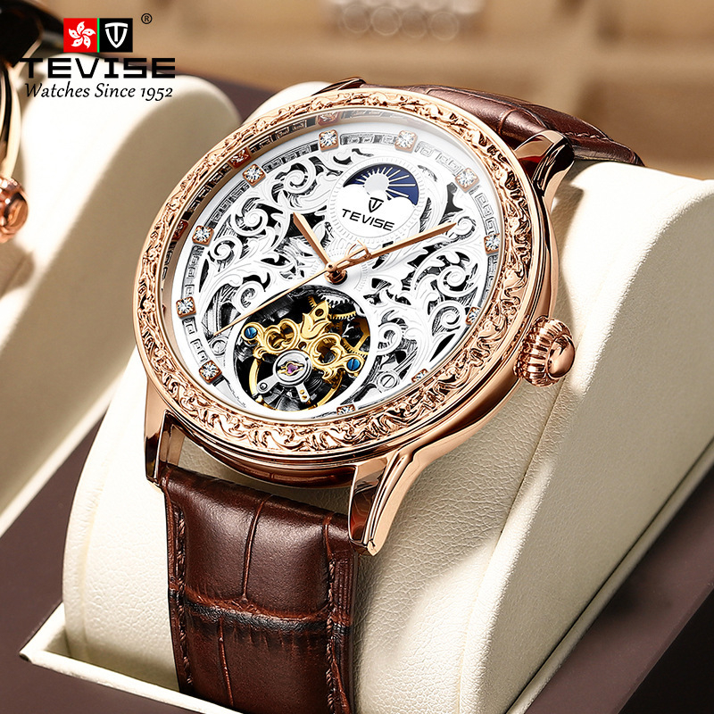 TEVISE Mechanical Watch อัตโนมัติ Hollow Mechanical Watch Sun Moon และ Stars แกะสลักนาฬิกาหนังผู้ชาย