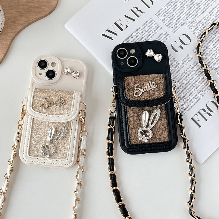 เคสโทรศัพท์มือถือหนังนิ่ม กันกระแทก ลายกระต่ายน่ารัก 3D พร้อมสายสะพาย และช่องใส่บัตร สําหรับ iPhone 15 14 Pro Max 13 12 11 XS X XR 7 Plus