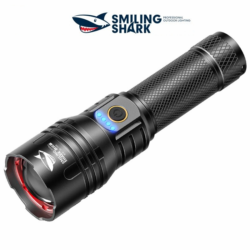 Smiling Shark ไฟฉาย SD7009 ไฟฉายเดินป่า Super Bright LED M80 ไฟฉาย แรงสูง 10000LM 26650 USB ชาร์จใหม่ได้กันน้ำแบบพกพากลางแจ้ง แคมป์ปิ้