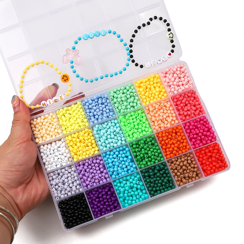 [4 มม.] ชุดกล่องลูกปัดอะคริลิค ทรงกลม แฮนด์เมด DIY 24 สี