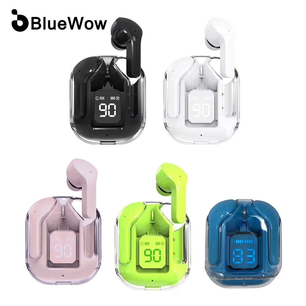 Bluewow BT16 ชุดหูฟังบลูทูธไร้สาย หน้าจอดิจิทัล LED แบบใส ลดเสียงรบกวน ENC พร้อมสายคล้องซิลิโคน tws