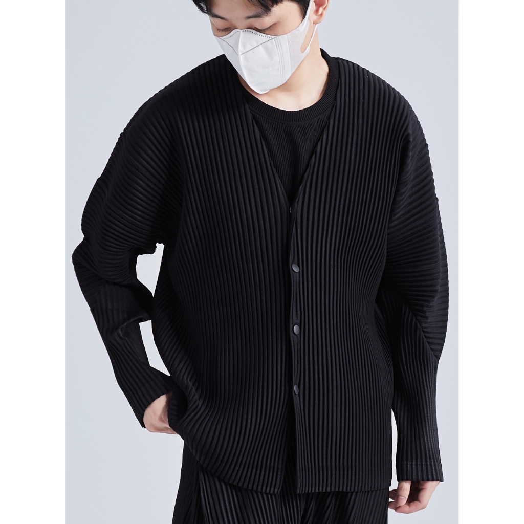 พร้อมส่ง ส่งไว ส่งด่วน Miyake เสื้อแจ็กเก็ต คาร์ดิแกน แขนยาว คอวี แต่งจับจีบ แต่งกระดุมแถวเดียว สีพื้น สําหรับผู้ชาย