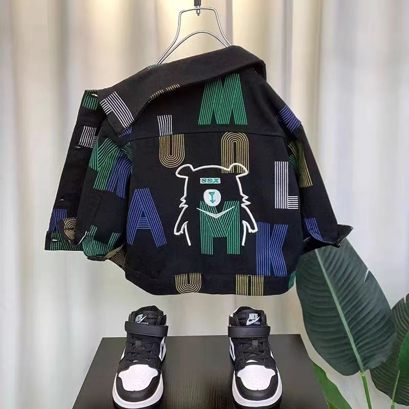เสื้อแจ็กเก็ตยีนแขนยาว แฟชั่นฤดูใบไม้ผลิ และฤดูใบไม้ร่วง สําหรับเด็กผู้ชาย