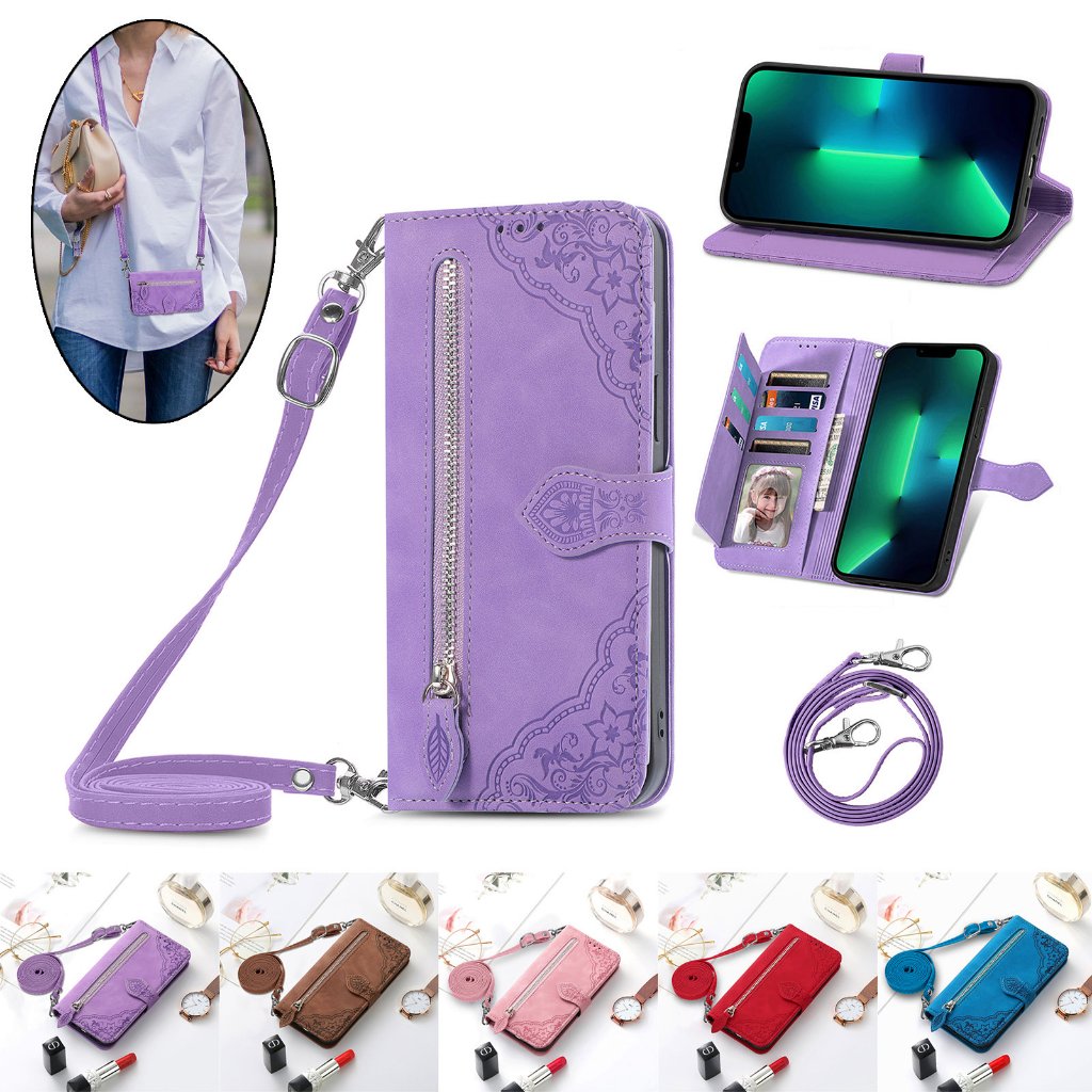 เคสโทรศัพท์หนัง ฝาพับ พร้อมช่องใส่บัตร และสายคล้องยาว มีซิป สําหรับ Samsung Galaxy A55 A05s A53 A05 A13 A23 A54 A34 A14 A52S A15