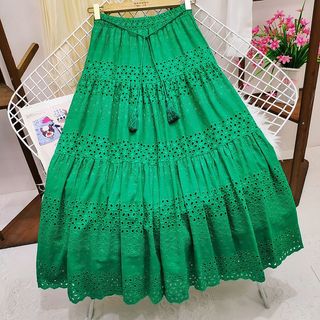 [5 Cores] ANGEL Saia midi Feminina De Moda Em Renda De Algodão Coreano Elástico De Cintura Alta De Baloiço Grande E Fina Com Corte Trapézio Longa Plissada Para Mulheres