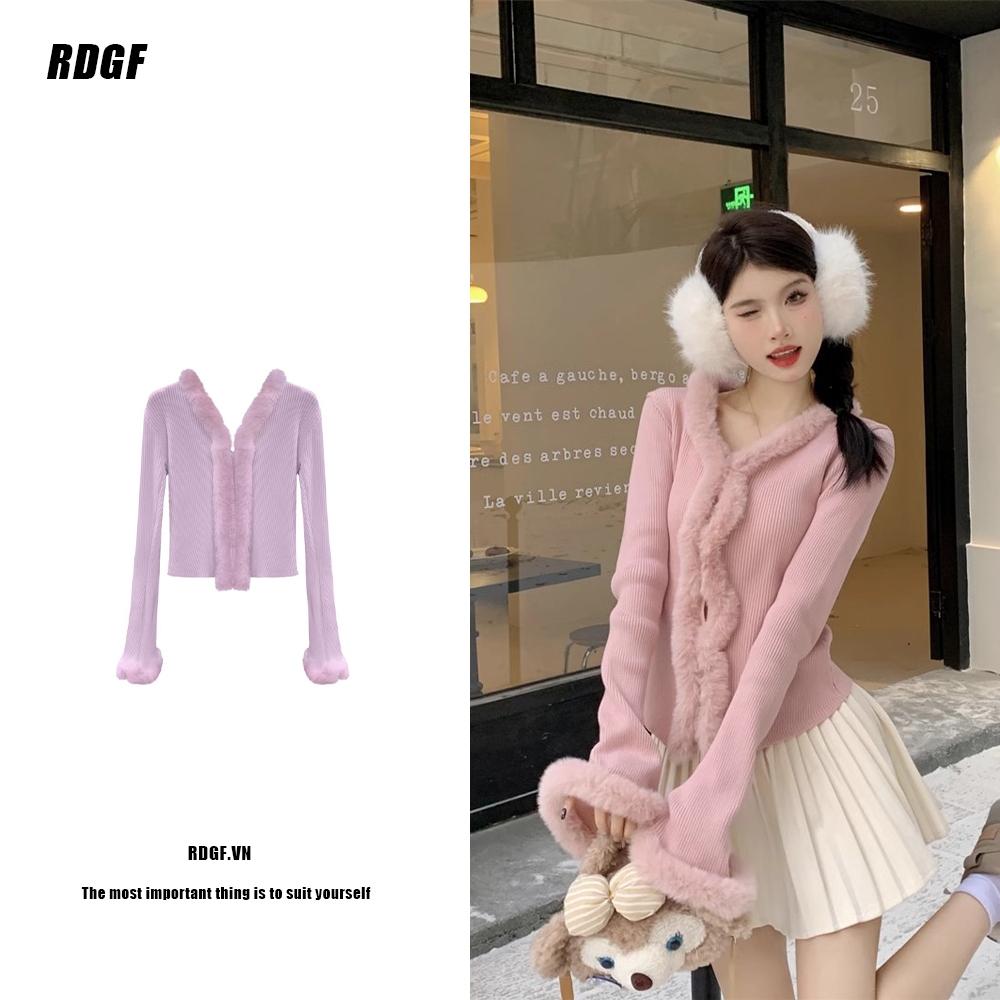 RDF V คอ Plush แฟชั่นผู้หญิง Slim Fit Top สไตล์เกาหลีถักเสื้อกันหนาว