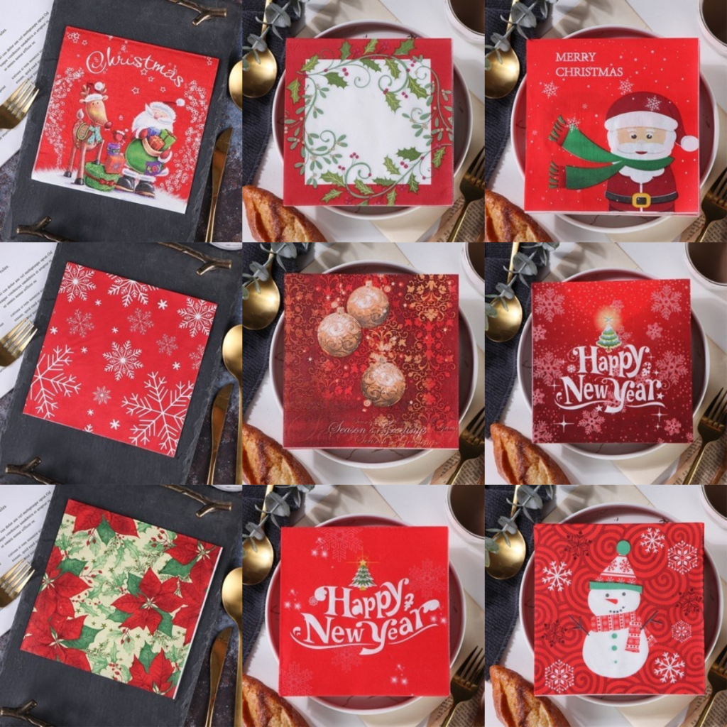 20 ชิ้น / เซต ซานตาคลอส ต้นคริสต์มาส พิมพ์ ผ้าเช็ดปาก ปาร์ตี้ กระดาษเช็ดปาก ร้านอาหารตะวันตก เบเกอรี่ ทิชชู่ ในครัวเรือน ผ้าเช็ดปาก