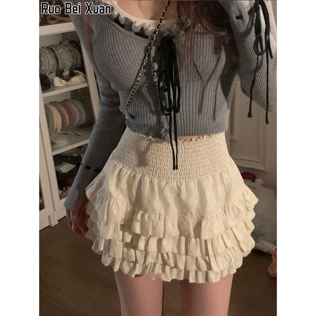 Ruo Bei Xuan กระโปรงสั้น เอวสูง สไตล์เกาหลี สําหรับผู้หญิง