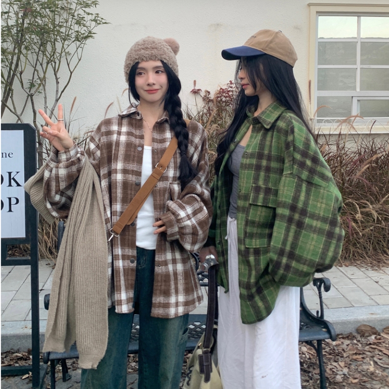 Suxi เสื้อเชิ้ตแขนยาว คอปก ลายสก๊อต ทรงหลวม ขนาดใหญ่ สไตล์เรโทร อเนกประสงค์ แฟชั่นฤดูใบไม้ร่วง สําหรับผู้หญิง