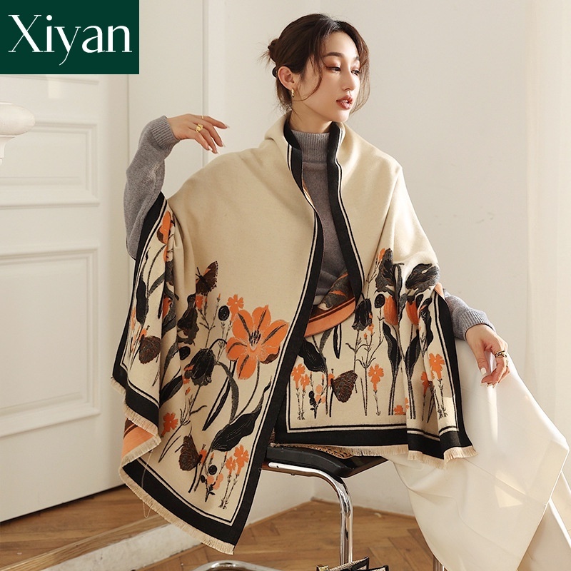 [Xiyanmeiwu] ผ้าคลุมไหล่ ผ้าพันคอ ผ้าแคชเมียร์เทียม ความยาวปานกลาง พิมพ์ลาย ประดับพู่ สไตล์เรโทร ให้ความอบอุ่น สําหรับผู้หญิง 60 * 1