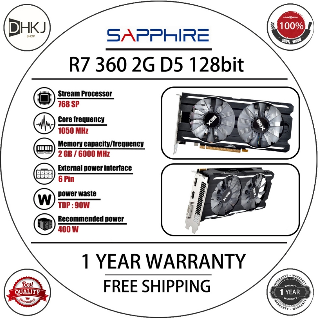 Sapphire R7 360 2GB GDDR5 OC 128bit การ์ด AMD Radeon R7 360 2GB กราฟิกการ์ด GPU เดสก์ท็อปหน้าจอคอมพิ