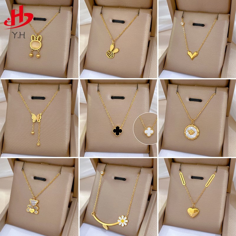 Y.H 316L โคลเวอร์สี่ใบ ตัวอักษร กระต่าย ผีเสื้อ เพชร สีทอง 18K สร้อยคอสแตนเลส