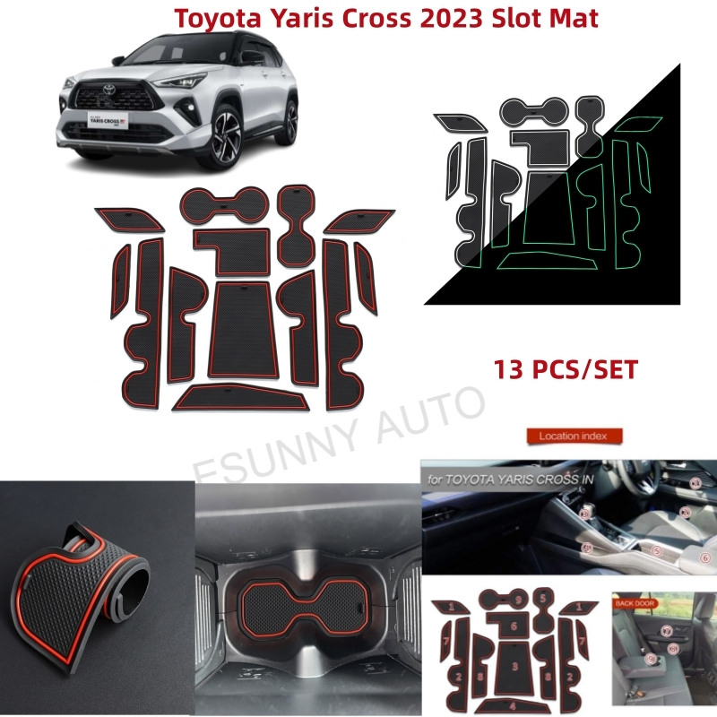 แผ่นยางกันลื่นสําหรับ Toyota Yaris Cross 2023 คอนโซลแผ่นยางรถประตู Slot Mat ที่วางแก้ว - Auto ภายใน - กันน้ํากันฝุ่น -13 ชิ้น